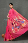 Tyohaar ~ Handloom Pure Cotton Paithani With Peacock Pallu~ Fresh Pink