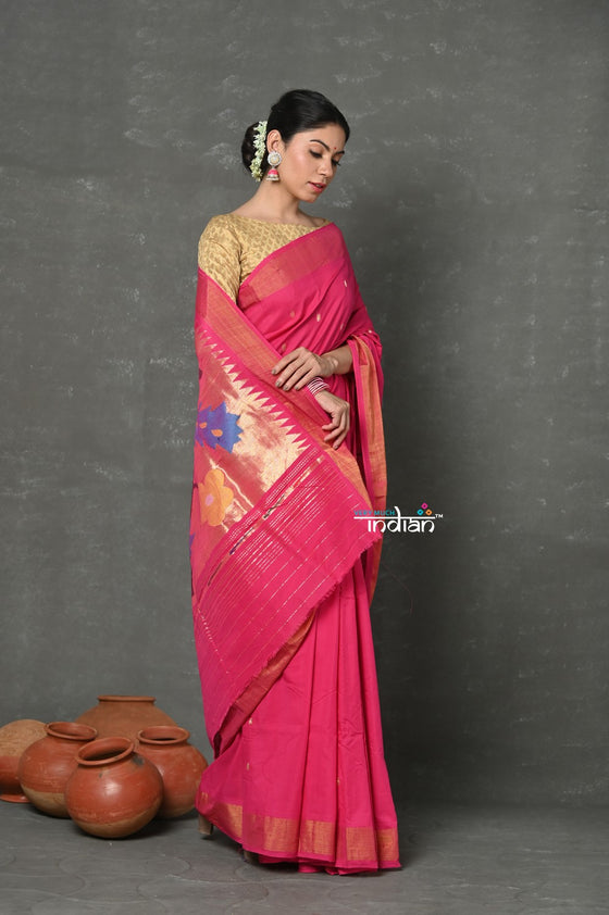 Tyohaar ~ Handloom Pure Cotton Paithani With Peacock Pallu~ Fresh Pink