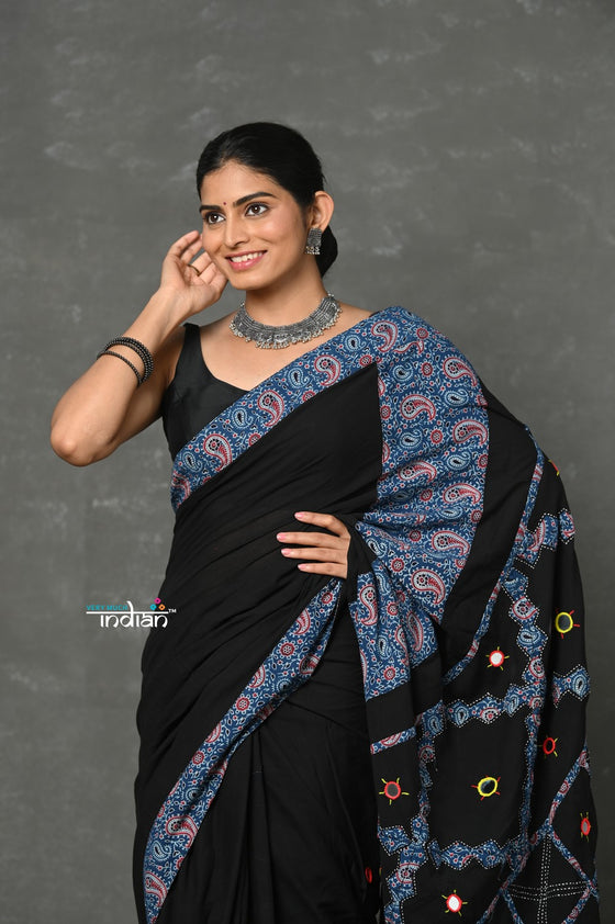 Tyohaar ~ High Quality Mul Cotton Saree with Hand Mirror & Patch Work ~ Blue