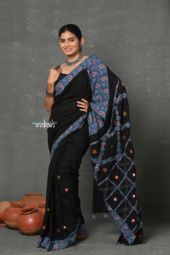 Tyohaar ~ High Quality Mul Cotton Saree with Hand Mirror & Patch Work ~ Blue