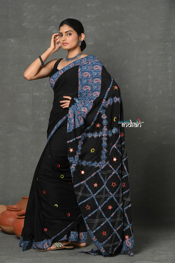 Tyohaar ~ High Quality Mul Cotton Saree with Hand Mirror & Patch Work ~ Blue