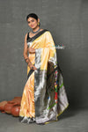 Tyohaar~Designed By VMI ~ Handloom Pure Silk Silver Zari Muniya Border with Exclusive Radha Krishna Pallu in Warm Ivory