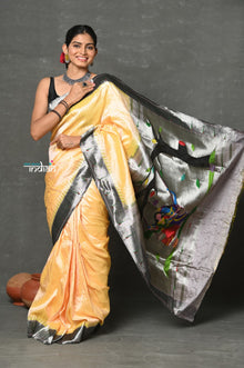  Tyohaar~Designed By VMI ~ Handloom Pure Silk Silver Zari Muniya Border with Exclusive Radha Krishna Pallu in Warm Ivory