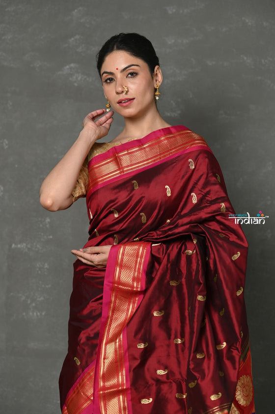 Tyohaar ~ Handloom Pure Silk  Maharani Paithani Saree with Handcrafted Peacock Pallu ~ Maroon