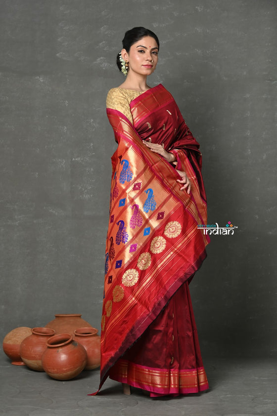 Tyohaar ~ Handloom Pure Silk  Maharani Paithani Saree with Handcrafted Peacock Pallu ~ Maroon