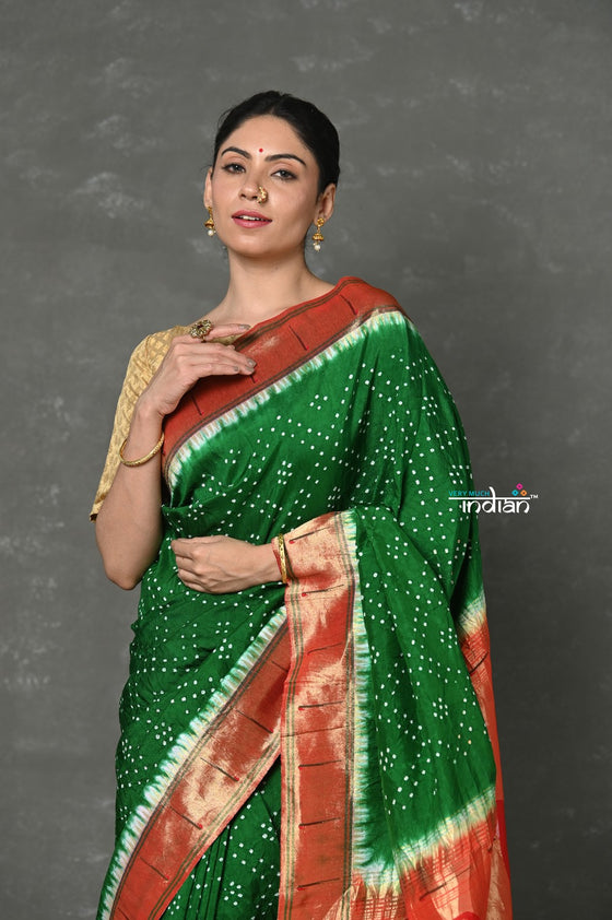 Tyohaar ~ Signature Weave! Handloom Pure Silk Muniya Border Paithani Saree with Bandhani Work Handcrafted Parrot Pallu ~ Green