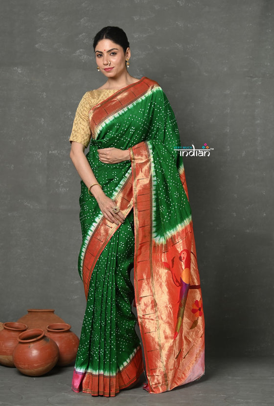 Tyohaar ~ Signature Weave! Handloom Pure Silk Muniya Border Paithani Saree with Bandhani Work Handcrafted Parrot Pallu ~ Green