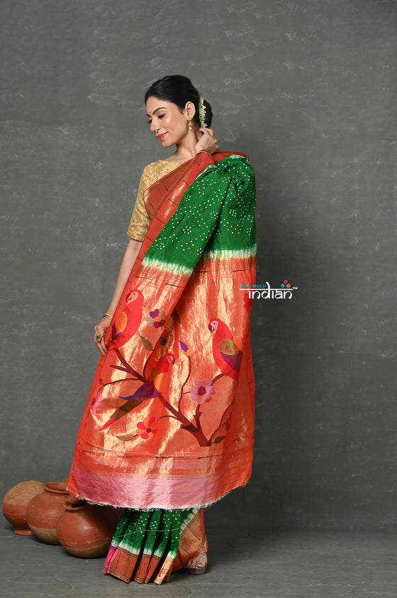 Tyohaar ~ Signature Weave! Handloom Pure Silk Muniya Border Paithani Saree with Bandhani Work Handcrafted Parrot Pallu ~ Green