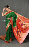 Tyohaar ~ Signature Weave! Handloom Pure Silk Muniya Border Paithani Saree with Bandhani Work Handcrafted Parrot Pallu ~ Green