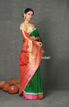 Tyohaar ~ Signature Weave! Handloom Pure Silk Muniya Border Paithani Saree with Bandhani Work Handcrafted Parrot Pallu ~ Green