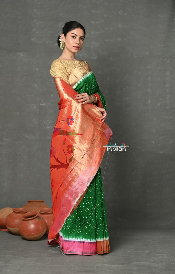 Tyohaar ~ Signature Weave! Handloom Pure Silk Muniya Border Paithani Saree with Bandhani Work Handcrafted Parrot Pallu ~ Green