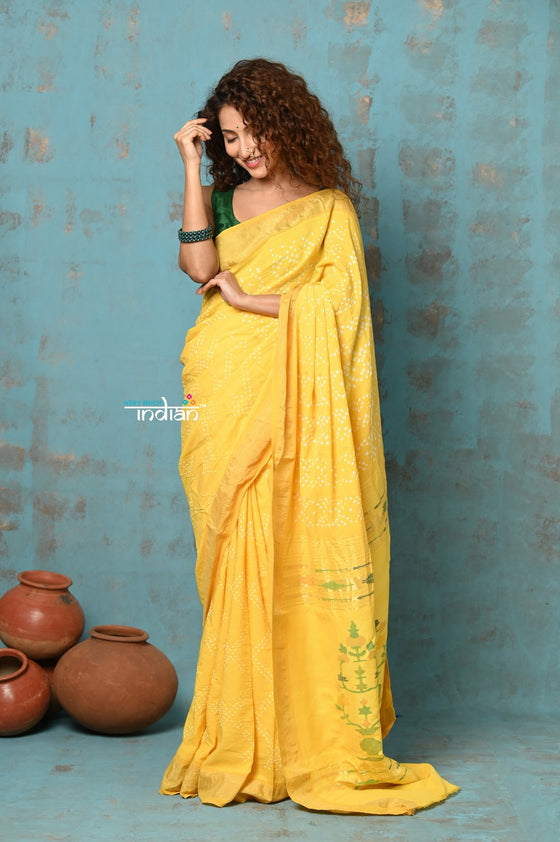 Tyohaar Exclusive ~ Handloom Pure Cotton Paithani With Hand Bandhani Work and Revival Aswali Pallu ~ Sunshine Yellow