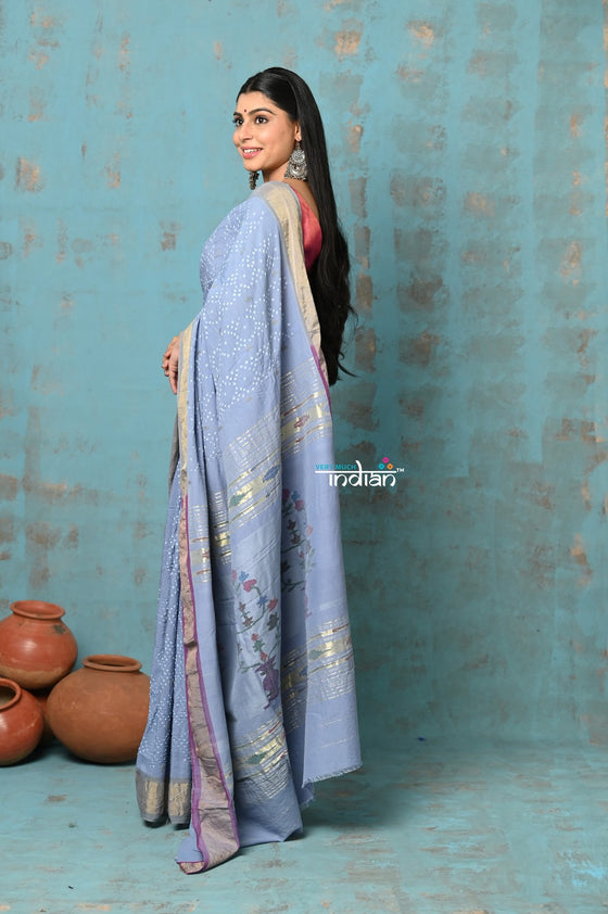 Tyohaar ~ Handloom Pure Cotton Paithani With Hand Bandhani Work and Revival Aswali Pallu ~ Heather Blue