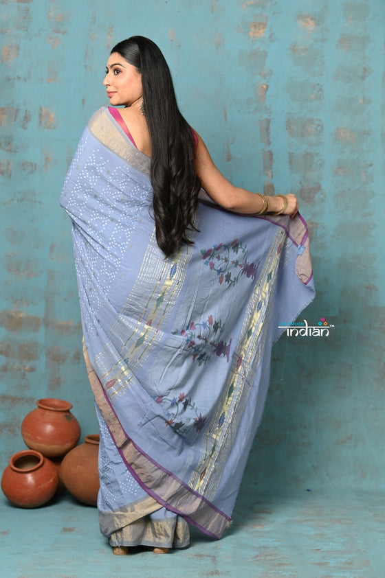 Tyohaar ~ Handloom Pure Cotton Paithani With Hand Bandhani Work and Revival Aswali Pallu ~ Heather Blue