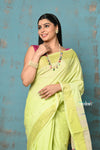 Tyohaar ~ Handloom Pure Cotton Paithani With Parrot Peacock Pallu~ Lime Green