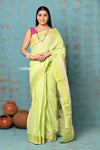 Tyohaar ~ Handloom Pure Cotton Paithani With Parrot Peacock Pallu~ Lime Green