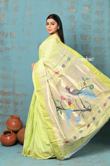  Tyohaar ~ Handloom Pure Cotton Paithani With Parrot Peacock Pallu~ Lime Green