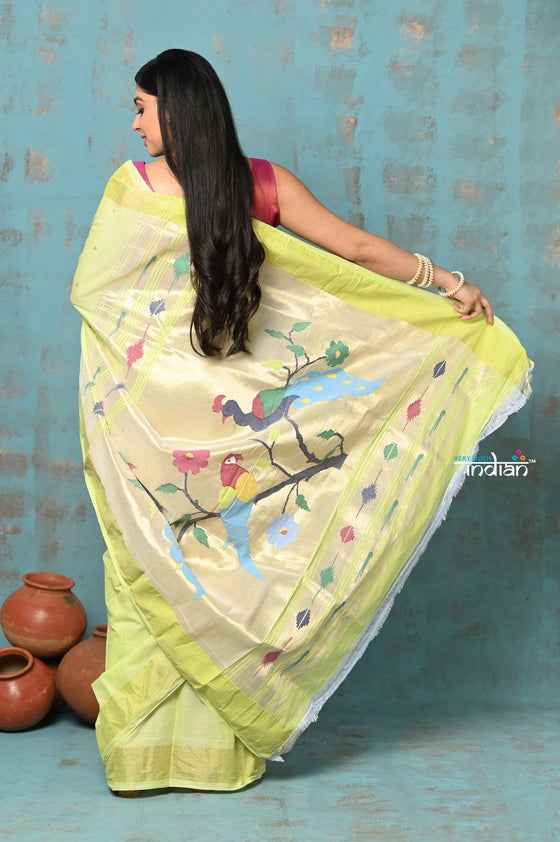 Tyohaar ~ Handloom Pure Cotton Paithani With Parrot Peacock Pallu~ Lime Green