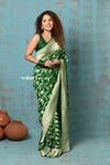 Suhaani ~ Handloom Khaddi Georgette Saree With All Over Floral Jaal~ Royal Green (Silk Mark)