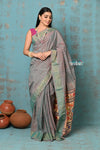 Tyohaar ~ Handloom Pure Cotton Paithani With Peacock Lotus Pallu & All Over Lining ~ Dual Tone Powder Blue