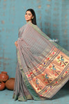 Tyohaar ~ Handloom Pure Cotton Paithani With Peacock Lotus Pallu & All Over Lining ~ Dual Tone Powder Blue