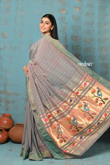  Tyohaar ~ Handloom Pure Cotton Paithani With Peacock Lotus Pallu & All Over Lining ~ Dual Tone Powder Blue