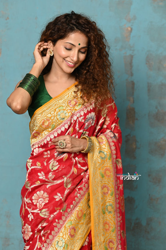 Suhaani ~ Handloom Khaddi Georgette Saree With All Over Floral Jaal~ Red & Orange (Silk Mark)