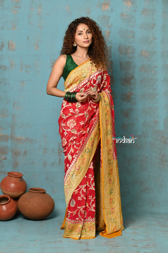 Suhaani ~ Handloom Khaddi Georgette Saree With All Over Floral Jaal~ Red & Orange (Silk Mark)