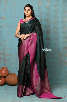  Anokhi ~ Handloom Pure Soft Silk Saree ~ Dark Bottle Green with Pink Designer Border  (Limited Edition)