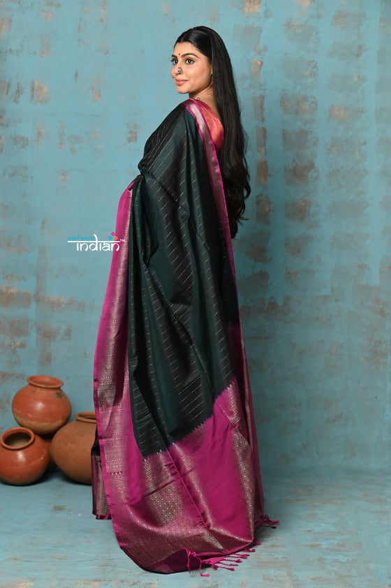 Anokhi ~ Handloom Pure Soft Silk Saree ~ Dark Bottle Green with Pink Designer Border  (Limited Edition)