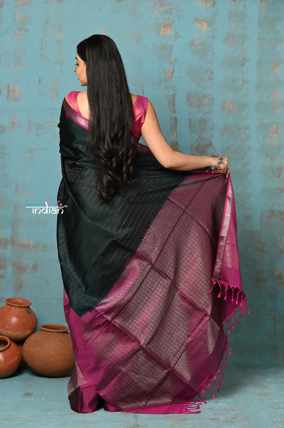 Anokhi ~ Handloom Pure Soft Silk Saree ~ Dark Bottle Green with Pink Designer Border  (Limited Edition)