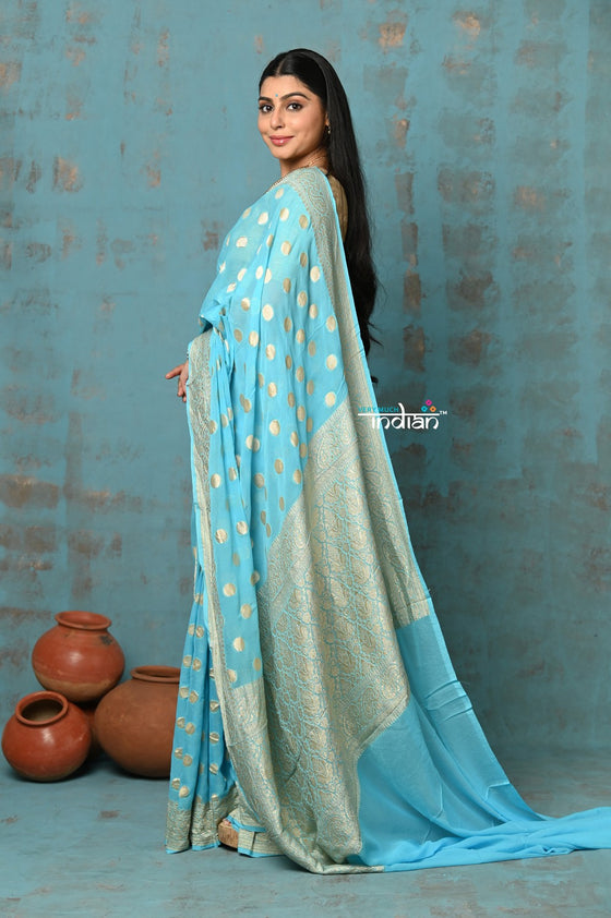 Suhaani ~ Handloom Khaddi Georgette Saree With All Over Jaal~ Delicate Blue (Silk Mark)