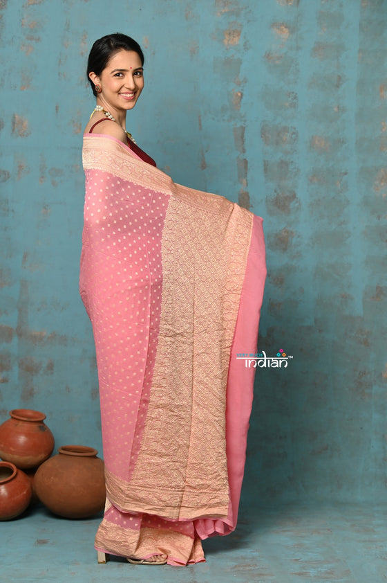 Suhaani ~ Handloom Khaddi Georgette Saree With All Over Jaal~ Delicate Pink (Silk Mark)