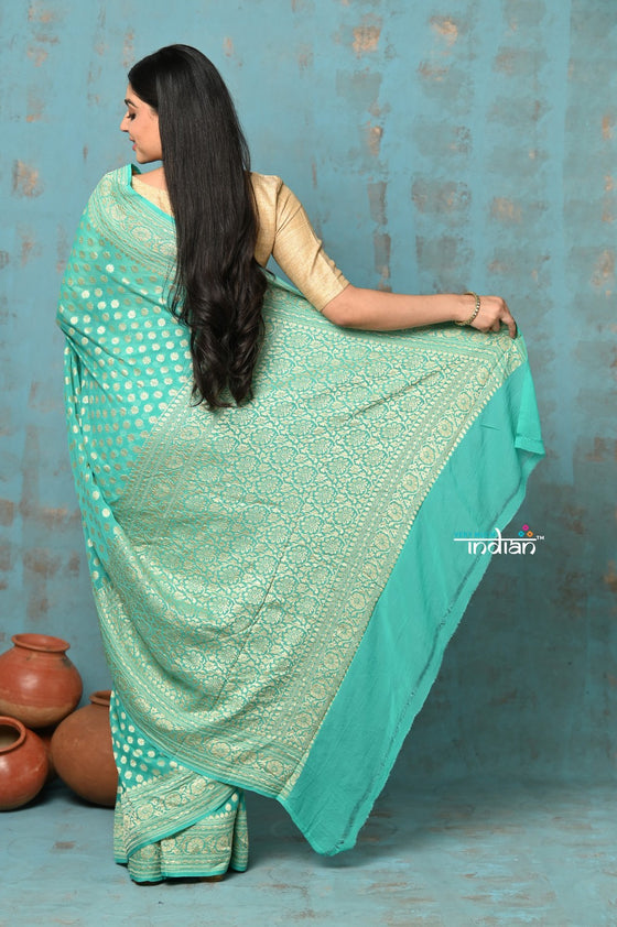 Suhaani ~ Handloom Khaddi Georgette Saree With All Over Jaal~ Sea Green (Silk Mark)