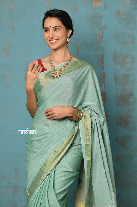 Tyohaar ~ Handloom Pure Cotton Paithani With Asawali Pallu ~ Sea Green