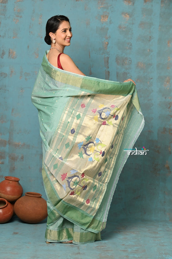 Tyohaar ~ Handloom Pure Cotton Paithani With Asawali Pallu ~ Sea Green