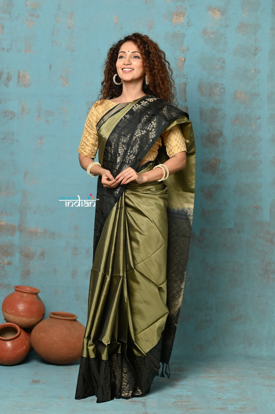 Anokhi ~ Handloom Pure Soft Silk Saree with Designer Pallu ~ Olive with Black Designer Border (Limited Edition)