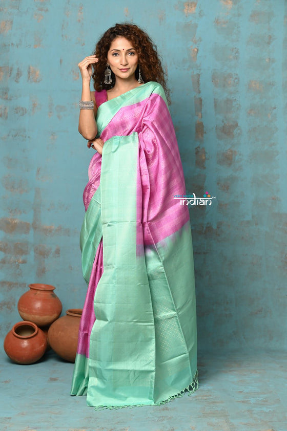 Anokhi ~ Handloom Pure Silk Saree ~ Unique combination of Cyan and Pink (Limited Edition)