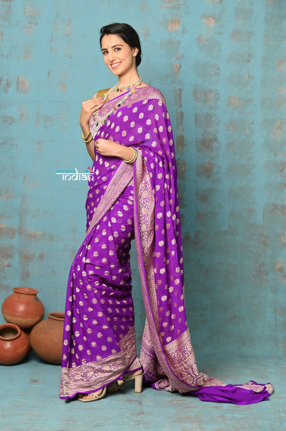 Suhaani ~ Handloom Khaddi Georgette Saree With All Over Jaal~ Heather Purple (Silk Mark)