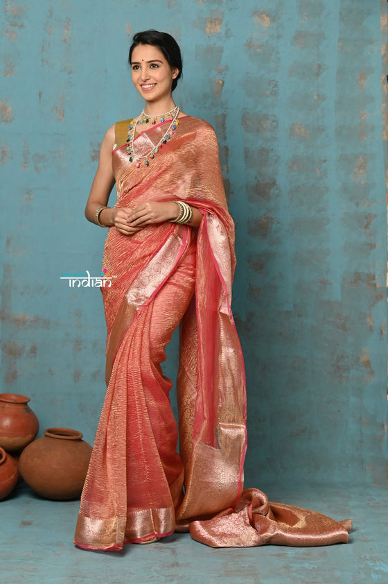 Tyohaar ~ Exclusive! Banarasi Handloom Crushed - Pure Tissue Silk Saree ~ Serene Peachy Orange