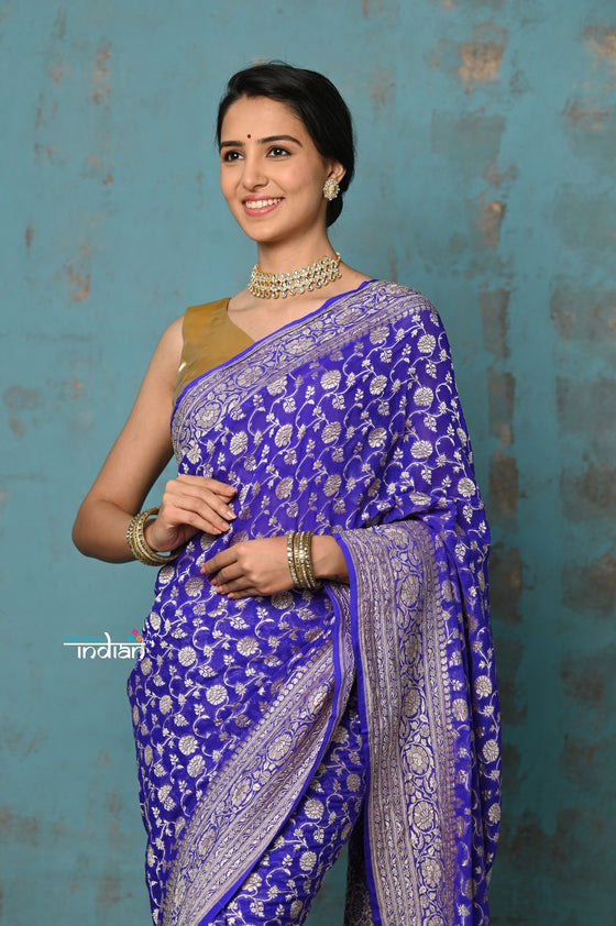 Suhaani ~ Handloom Khaddi Georgette Saree With All Over Jaal~ Delicate Blue (Silk Mark)