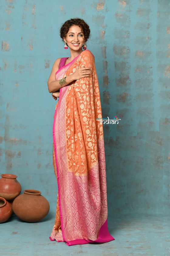 Suhaani ~ Handloom Khaddi Georgette Saree With All Over Jaal~ Orange Pink (Silk Mark)