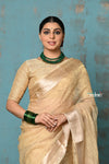 Tyohaar ~ Exclusive! Banarasi Handloom Crushed Pure Tissue Silk Saree ~ Beige Gold