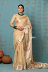 Tyohaar ~ Exclusive! Banarasi Handloom Crushed Pure Tissue Silk Saree ~ Beige Gold