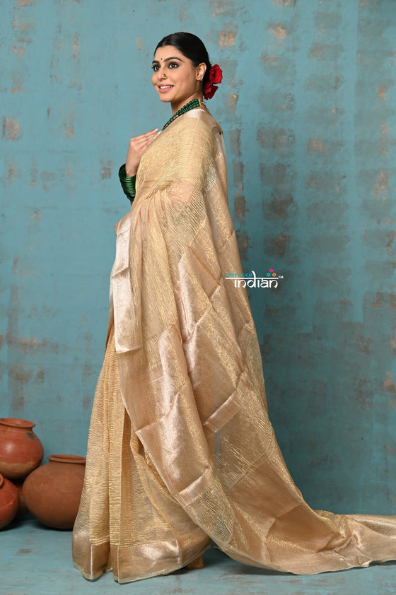 Tyohaar ~ Exclusive! Banarasi Handloom Crushed Pure Tissue Silk Saree ~ Beige Gold