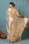 Tyohaar ~ Exclusive! Banarasi Handloom Crushed Pure Tissue Silk Saree ~ Beige Gold