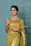 Tyohaar ~ Exclusive! Banarasi Handloom Crushed Pure Tissue Silk Saree ~ Lime Green