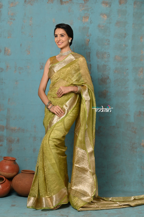 Tyohaar ~ Exclusive! Banarasi Handloom Crushed Pure Tissue Silk Saree ~ Lime Green