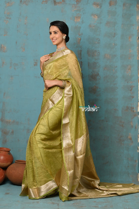 Tyohaar ~ Exclusive! Banarasi Handloom Crushed Pure Tissue Silk Saree ~ Lime Green