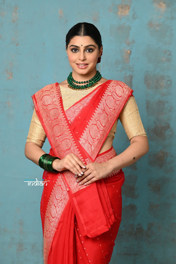 Suhaani ~ Handloom Khaddi Georgette Saree With Sleek Border ~ Red (Silk Mark)